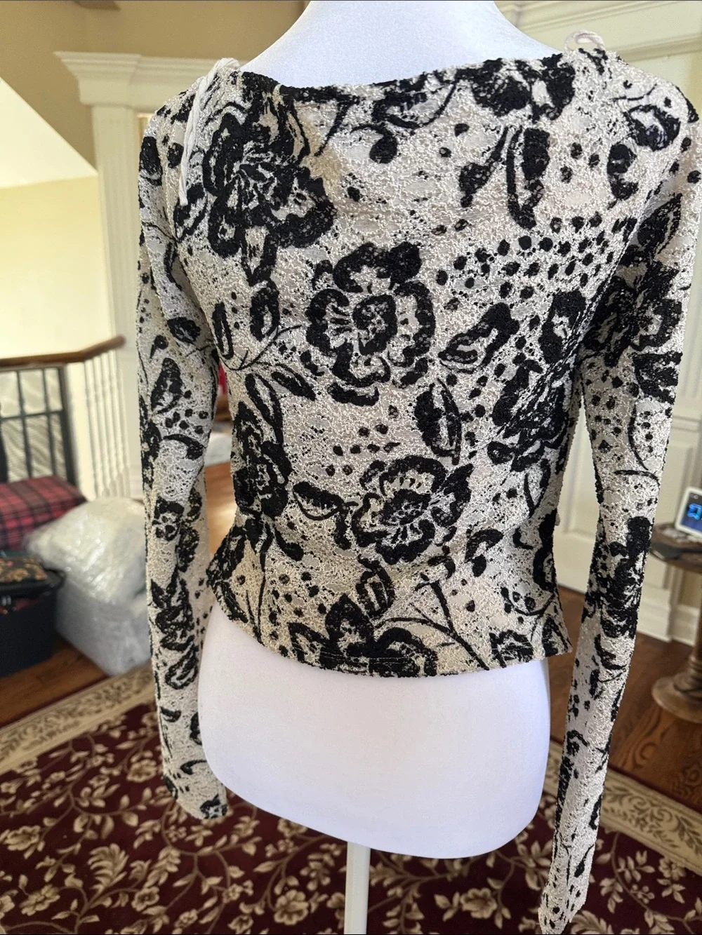 Free People Cream and Black Floral V-Neck Long Sleeve Top. Only worn once.